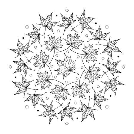 Black and white autumn maple leaves mandala motif. Antistress coloring page.のイラスト素材