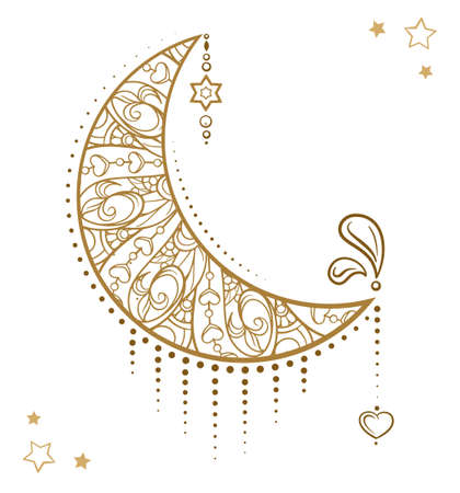 Golden cresent moon temporary tattoo. Ethnic style vector graphic.のイラスト素材