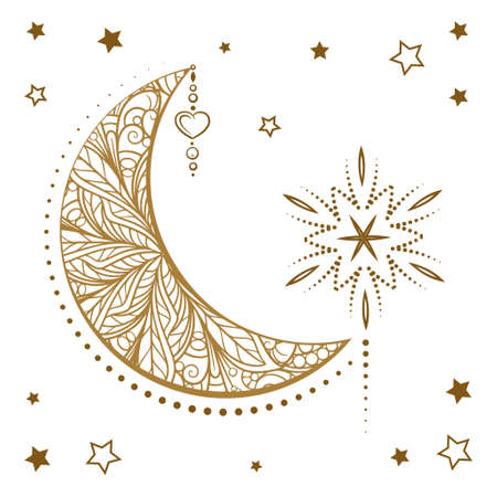 Golden cresent moon illustration. Ethnic style vector graphic.のイラスト素材