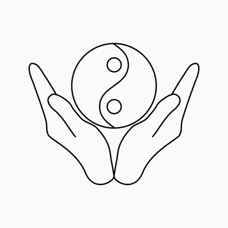 Vector illustration of hands holding yin yang symbol. Religion icon. Silhouette. Flat style.のイラスト素材