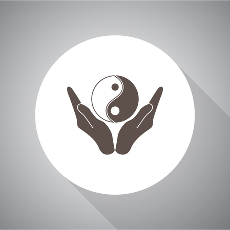 Vector illustration of hands holding yin yang symbol. Religion icon. Silhouette. Flat style.のイラスト素材