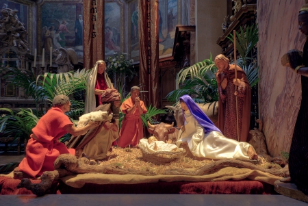 Christmas nativity scene with the figurines of Mary, Joseph, Baby Jesus, the Wise Men and animalsのeditorial素材