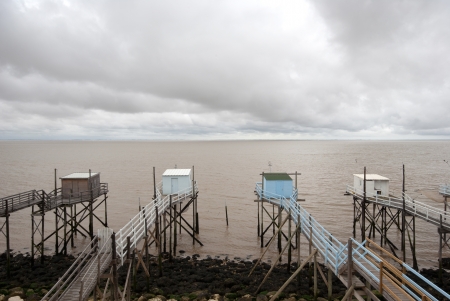 Fishing cabins in the Gironde estuary West coast of Franceの写真素材