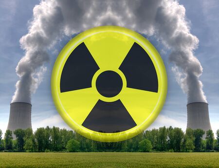 nuclear power station with radioactive iconの写真素材