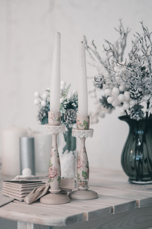 Beautiful Christmas decor on the table in the room.の写真素材