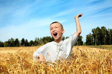 happy kid in wheat fieldの写真素材