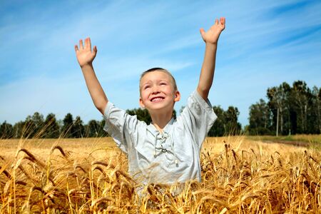 happy kid in wheat fieldの写真素材