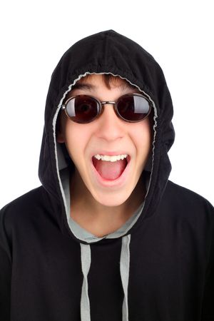 happy teenager in sun glasses isolated on whiteの写真素材