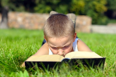 The child attentively reads the book on a summer meadowの写真素材