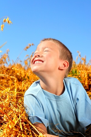 happy young boy in the wheat fieldの写真素材