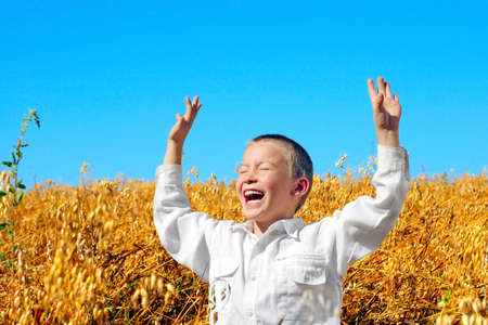 happy kid in wheat fieldの写真素材