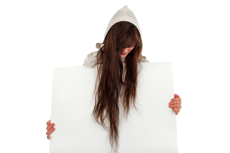 teenage girl with hidden face with blank papper isolated on the whiteの写真素材
