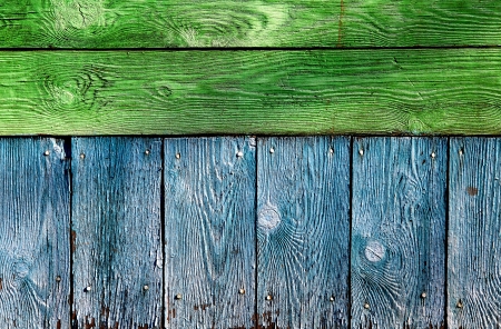 Green and Blue Old Wooden Planks with Weathered Paintの写真素材