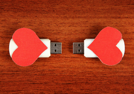 Two USB Flash Drive with Heart Shapes on the Wooden Backgroundの写真素材