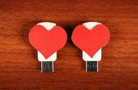 Two USB Flash Drive with Heart Shapes on the Wooden Backgroundの写真素材
