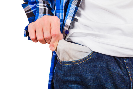Man in Jeans shows the Empty Pocket Closeup on the White Backgroundの写真素材