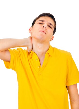 Young Man feels Pain in the Neck Isolated on the White Backgroundの写真素材