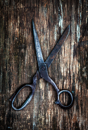 Vintage Scissors on the Wooden Background closeupの写真素材
