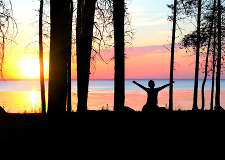 Happy Kid Silhouette with Hands Up in the Forest at the Sunsetの写真素材