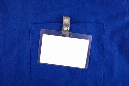 Blank Badge on the Blue Shirt Pocket closeupの写真素材