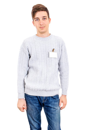 Young Man with the Empty Badge Isolated on the White Backgroundの写真素材