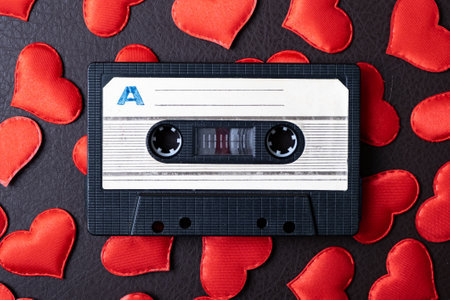 Old Audio Tape Cassette on a Scattered Red Hearts closeupの写真素材