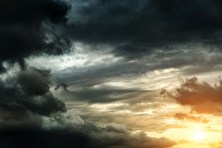 Stormy Rain Clouds Background with a Lightの写真素材