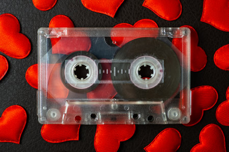 Old Audio Tape Cassette on a Scattered Red Hearts closeupの写真素材