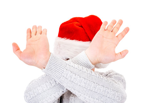 Man in Santa Hat show a Refusal Gesture with a Hands Isolated on the White Backgroundの写真素材