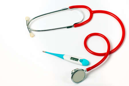 Medical equipment composition. Top view on white background for covid - 19 protection concept.の写真素材