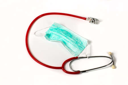 Medical equipment composition. Top view on white background for covid - 19 protection concept.