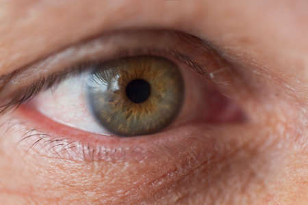 Beautiful super macro photo of green eye male human, eye, vision, close up. Human Open Eye Macro. Man looking away. Amazing male emerald green colored right eye. Beauty and healthcare conceptsの写真素材