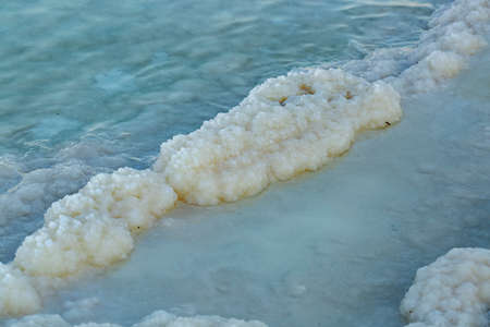 Natural sea-salt beach, seashore background. Texture of dead sea coastline. Salt crystals at sunset,...