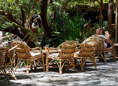 Set of wooden garden furniture under shady trees background in garden area. Summer relax concept. Secluded table with comfortable chairs under among green vegetation. Garden with cozy wicker furnitureの写真素材