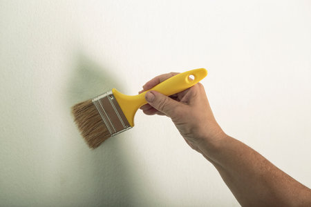 <p>Woman's hand painting wall with a brush. Woman testing paintbrush with a yellow handle. Concept creative design house interior. Woman's hand brushing, painting white a wall. close up female hand</p>の写真素材