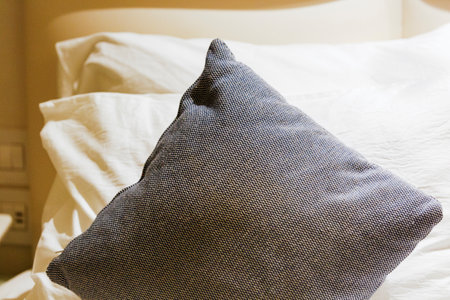 Closeup of gray pillow on the bed in the bedroom. Interior design in gray colors. Luxury living room with home decor. Comfortable bed with soft white mattress, blanket and pillows. decorative pillowの写真素材