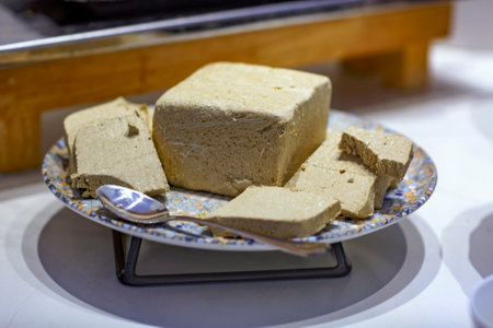 Soft focus of sunflower halva on a blue plate with clean shiny silver spoon on a dark background. Eastern sweets. close up. Two pieces of vanilla tahini halvah snack on blue snack dish on table.の写真素材