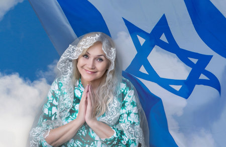 Not war. Caucasian israeli jewish religious woman praying for faith and help from God on Israel flag...