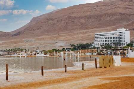 Beach resort near a mountain. The sandy shores show wooden posts connected by ropes. Palm trees and a large white building are visible, with mountain rocky hills and sea. Morning sky, rows umbrellasの写真素材