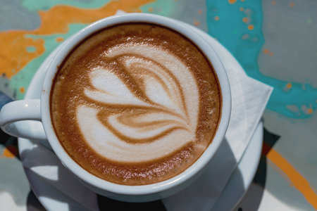 A white ceramic cup with fresh coffee and milk on a wooden table. The coffee forms a design on top, creating an inviting scene. Cup of aroma cappuccino coffee at a cafe with heart shape latte artの写真素材