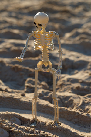 A skeleton toy stands on sandy beach, surrounded by grains and gentle sunlight during a sunny day in a coastal location, evoking a playful yet eerie atmosphere.の写真素材