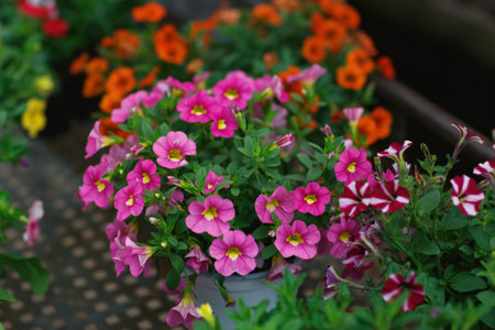 Flowers in full bloom, featuring bright pink and orange blossoms with foliage. The flowers are set against a blurred background, highlighting their vivid colors making them the focal point of the sceneの写真素材