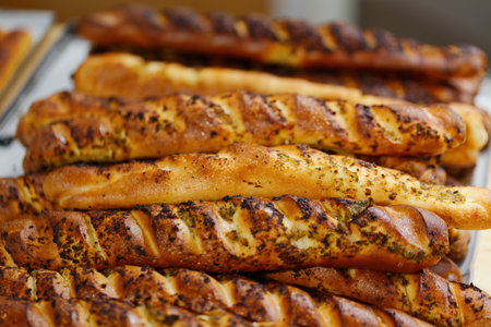 Brown breadsticks, each uniquely textured and topped with herbs, sit enticingly on a tray in a cozy...