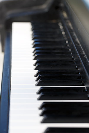A close up shot focuses on the tactile black and white keys of a piano. The sunlight casts shadows and highlights the polished surfaces, inviting a sense of creativity and passion for music. Piano keyの写真素材
