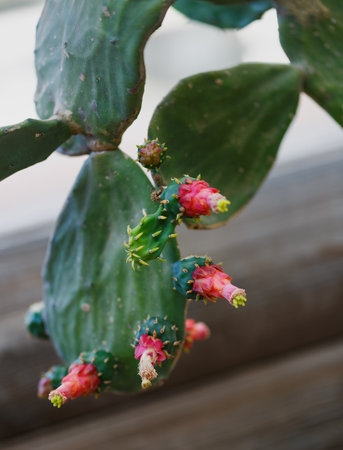 This indoor cactus displays an array of vibrant pink and green flower buds emerging from thick green pads. Sunlight highlights the unique texture and colors of the succulent plant. Colored cactus padsの写真素材