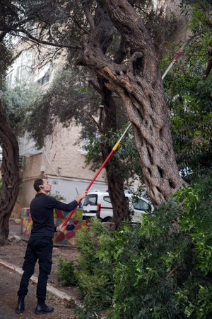 Man outdoors holding a long pruning saw. He is wearing glasses and a t-shirt, focusing on adjusting...