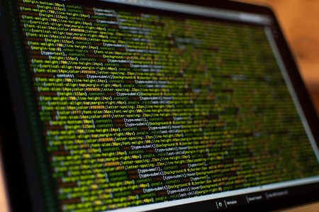 Software development. Software source code. Programming code. Writing code programming on laptop.の写真素材