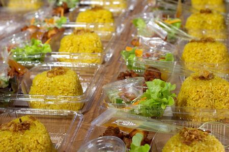 Prepare rice for out door eating in plastic box