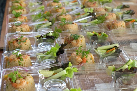 Prepare rice for out door eating in plastic box