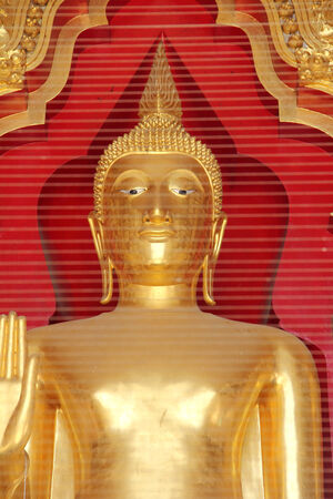 Gold Buddha statue have bird net protect red black groundのeditorial素材